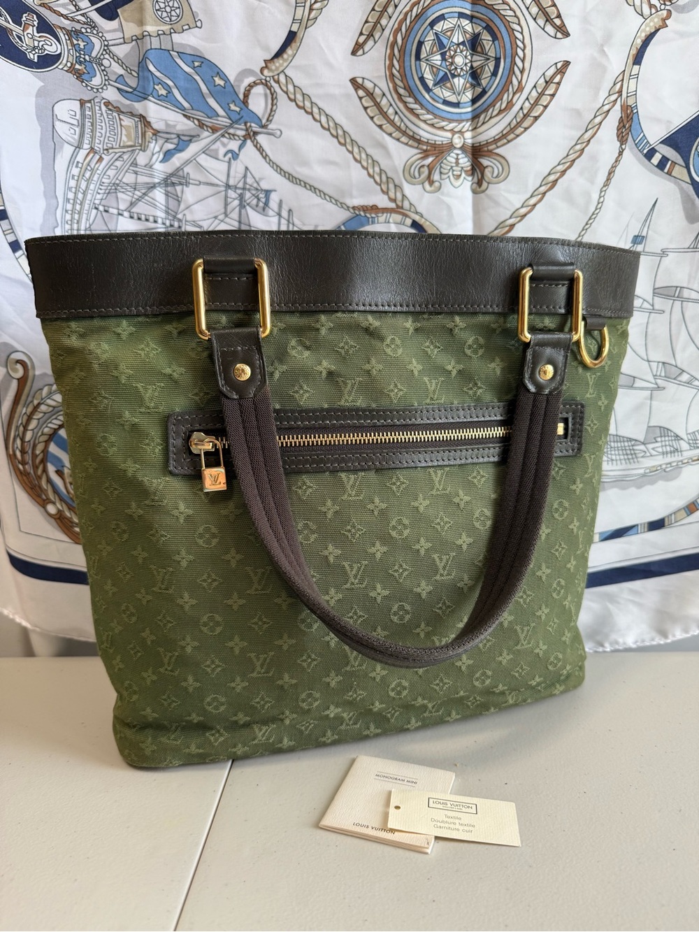 Louis Vuitton Olive Green Monogram Canvas Tote with Dark Brown Trim